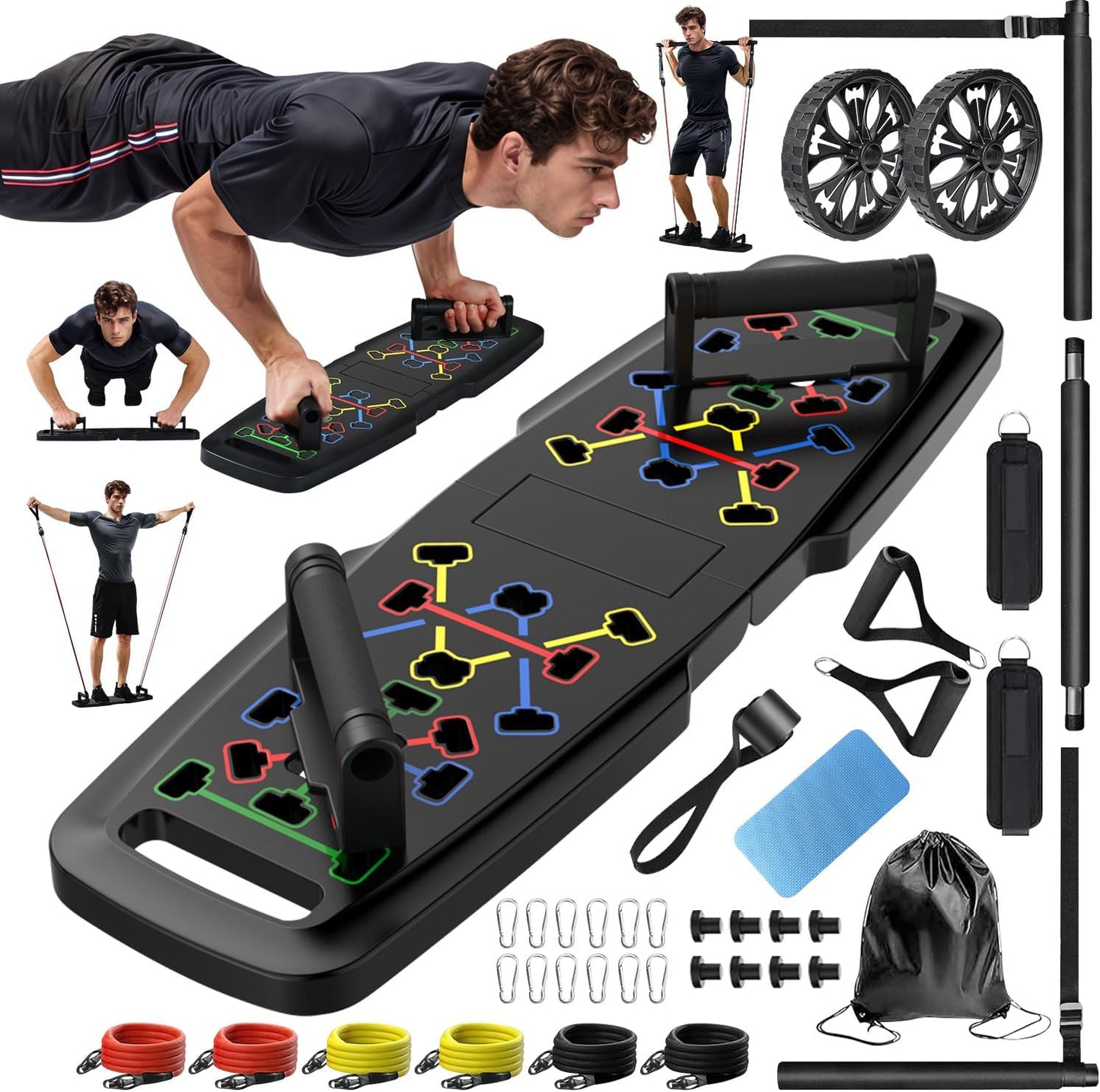 Push Up Board Home Gym Set – Portable Workout System with Pilates Bar, Resistance Bands & Ab Roller for Full-Body Training
