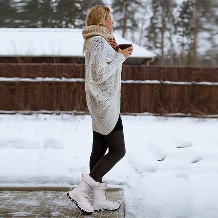 Women’s Water-Resistant Snow Boots – Faux Fur Lined Lace-Up Mid-Calf (White, Size 9)