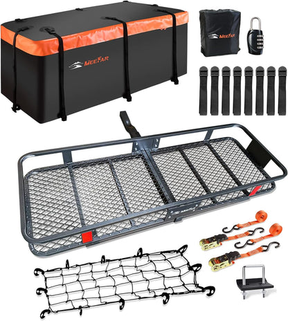 Folding Hitch Mount Cargo Carrier – 60" x 20" x 6" Basket with 16 Cu. Ft. Waterproof Bag, Cargo Net, Straps & Hitch Tightener, 500 lb Capacity