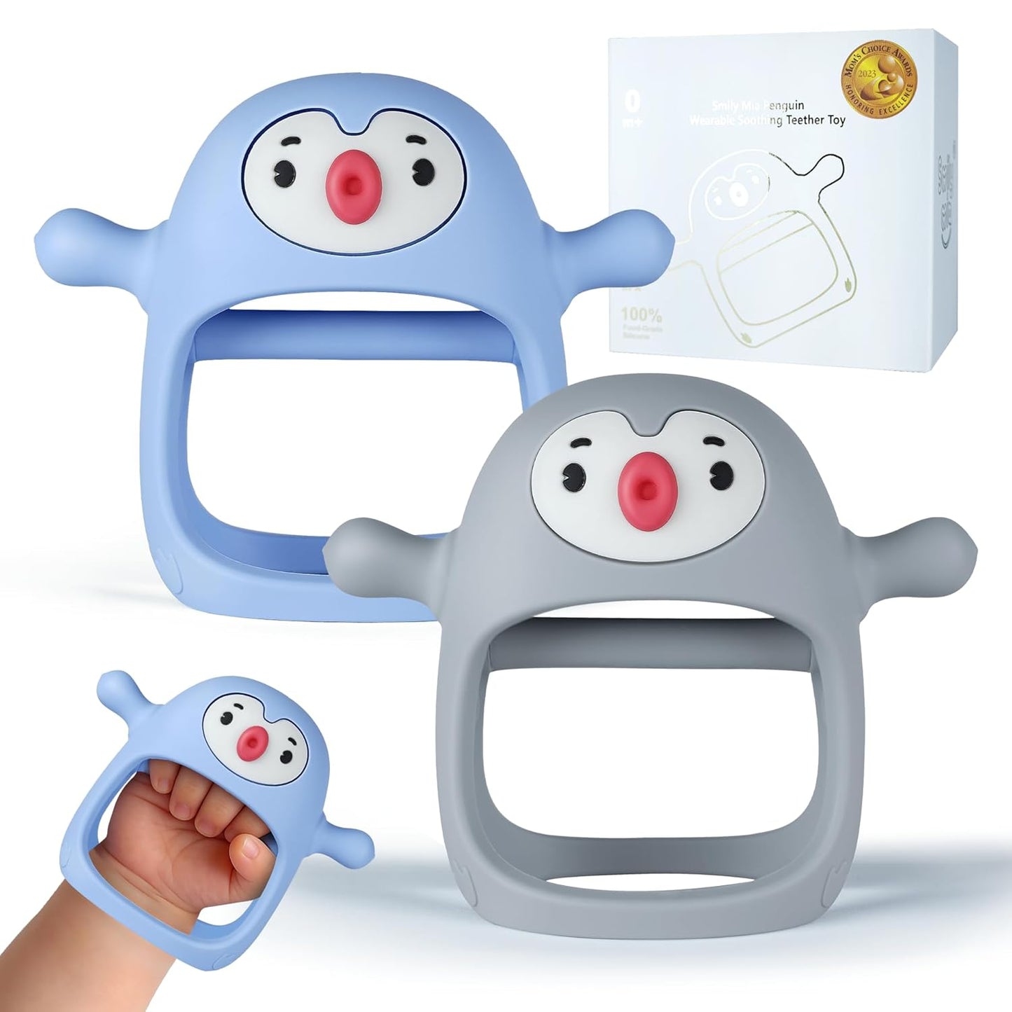 2-Pack Baby Teething Toys – Penguin Hand Teethers & Mittens for Pain Relief (Blue & Grey, 0–6 Months)