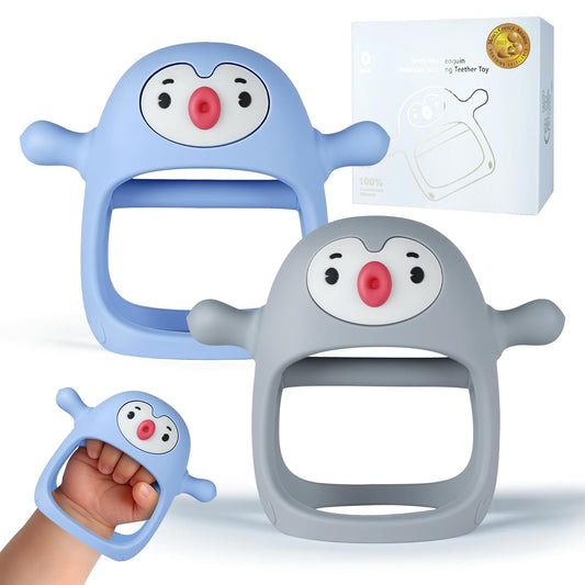 2-Pack Baby Teething Toys – Penguin Hand Teethers & Mittens for Pain Relief (Blue & Grey, 0–6 Months)