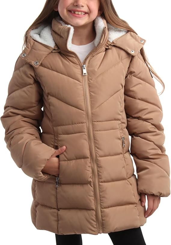 Girls’ Winter Jacket – Heavyweight Long Anorak Puffer Coat with Hood, Sherpa-Lined & Insulated (Toffee Beige, Size 4)