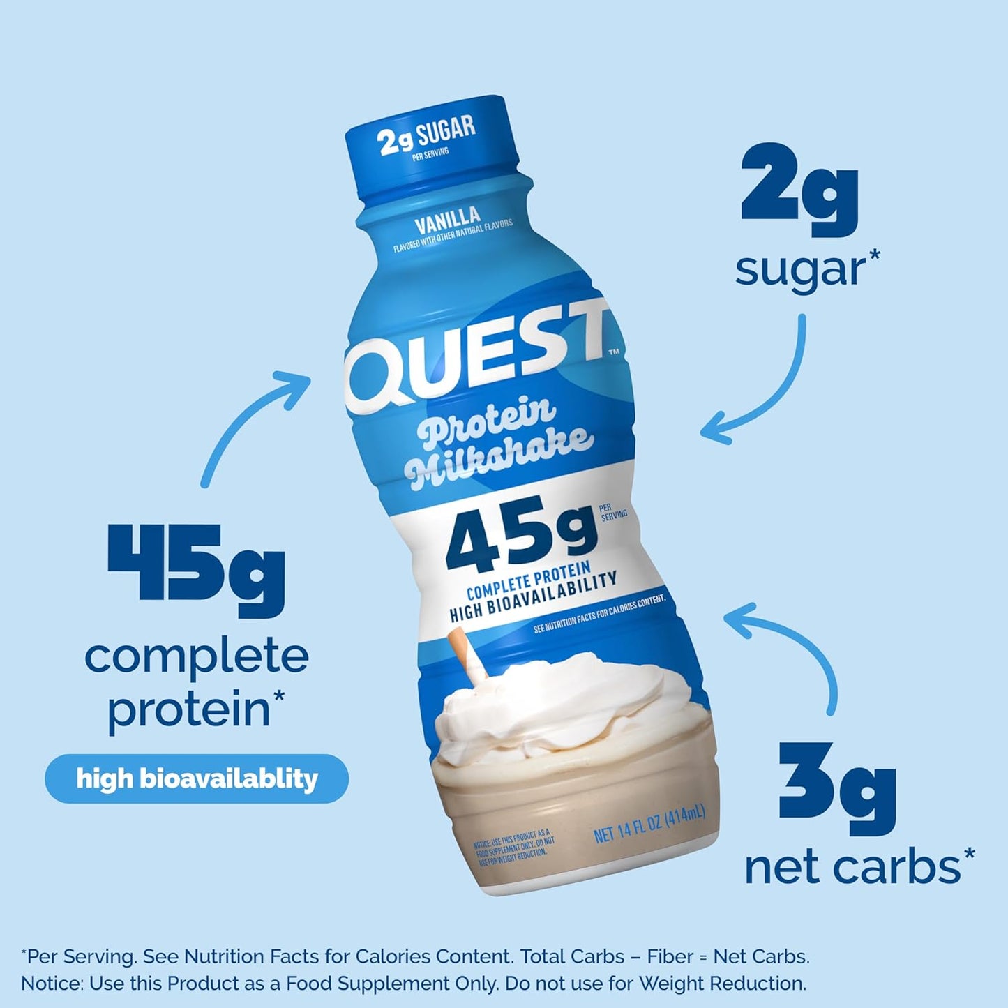 Vanilla Protein Shake – 45g Protein, 2g Sugar, Ready-to-Drink, Gluten Free – 12 Pack