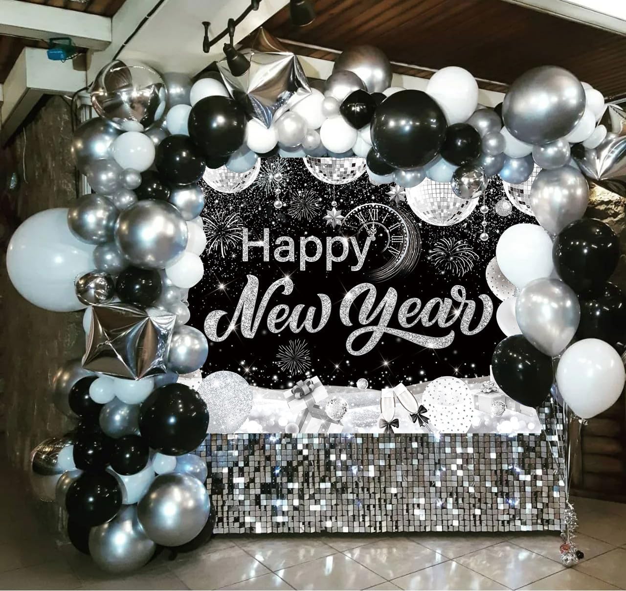 2026 Happy New Year Backdrop – 10x8 FT Black & Silver Photo Background with Fireworks & Champagne