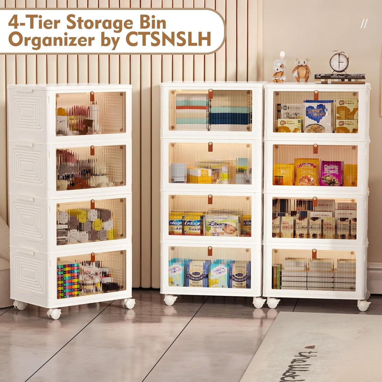 4-Tier Stackable Plastic Storage Bins with Lids - Foldable Organizer for Home & Office