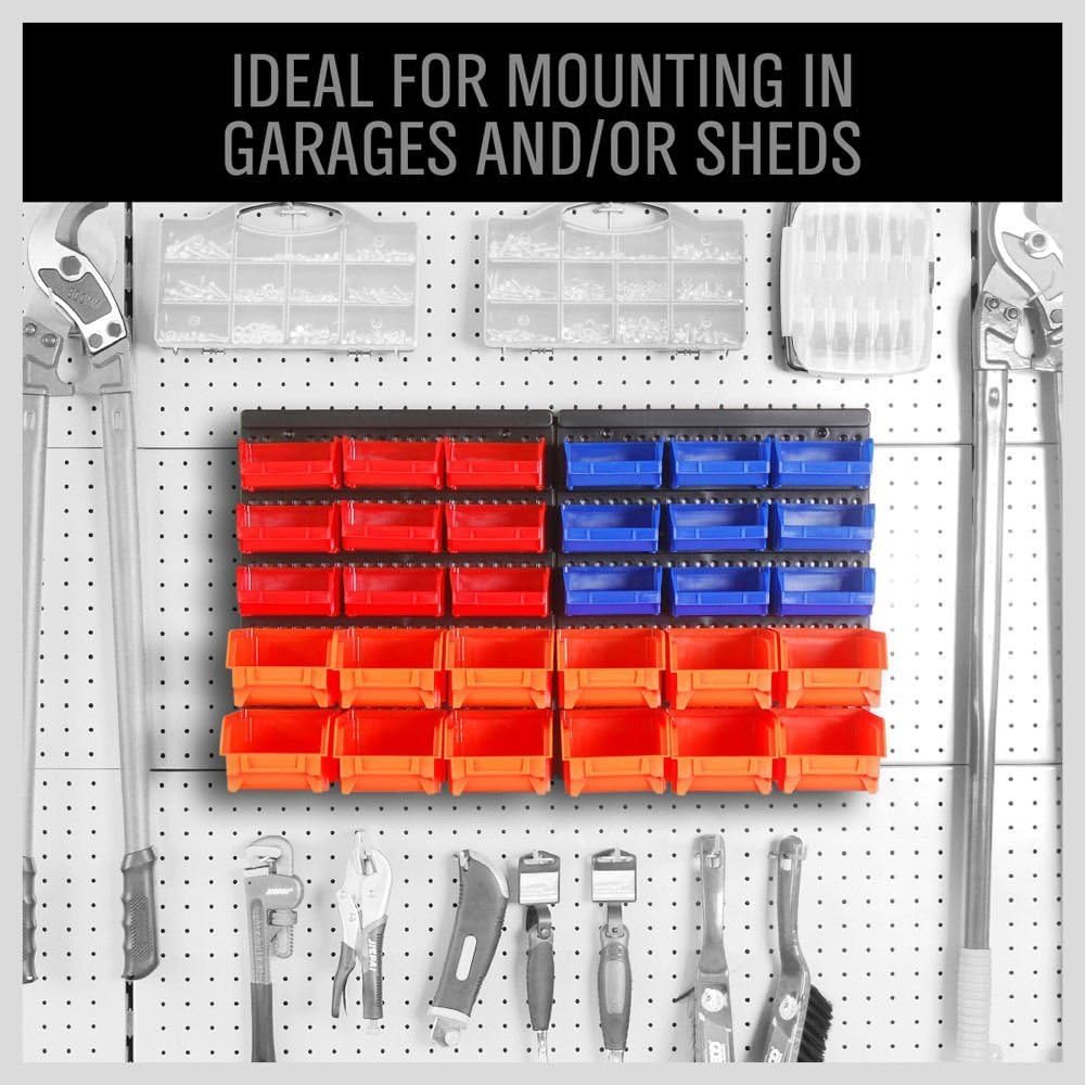 30PC Wall Mounted Storage Bin Rack – Garage Parts & Tool Organizer with Plastic Bins – Blue, Orange & Red