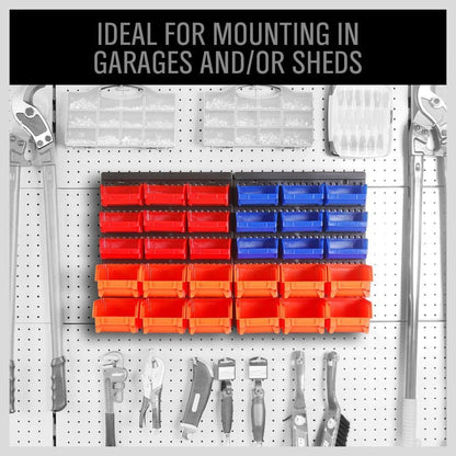 30PC Wall Mounted Storage Bin Rack – Garage Parts & Tool Organizer with Plastic Bins – Blue, Orange & Red