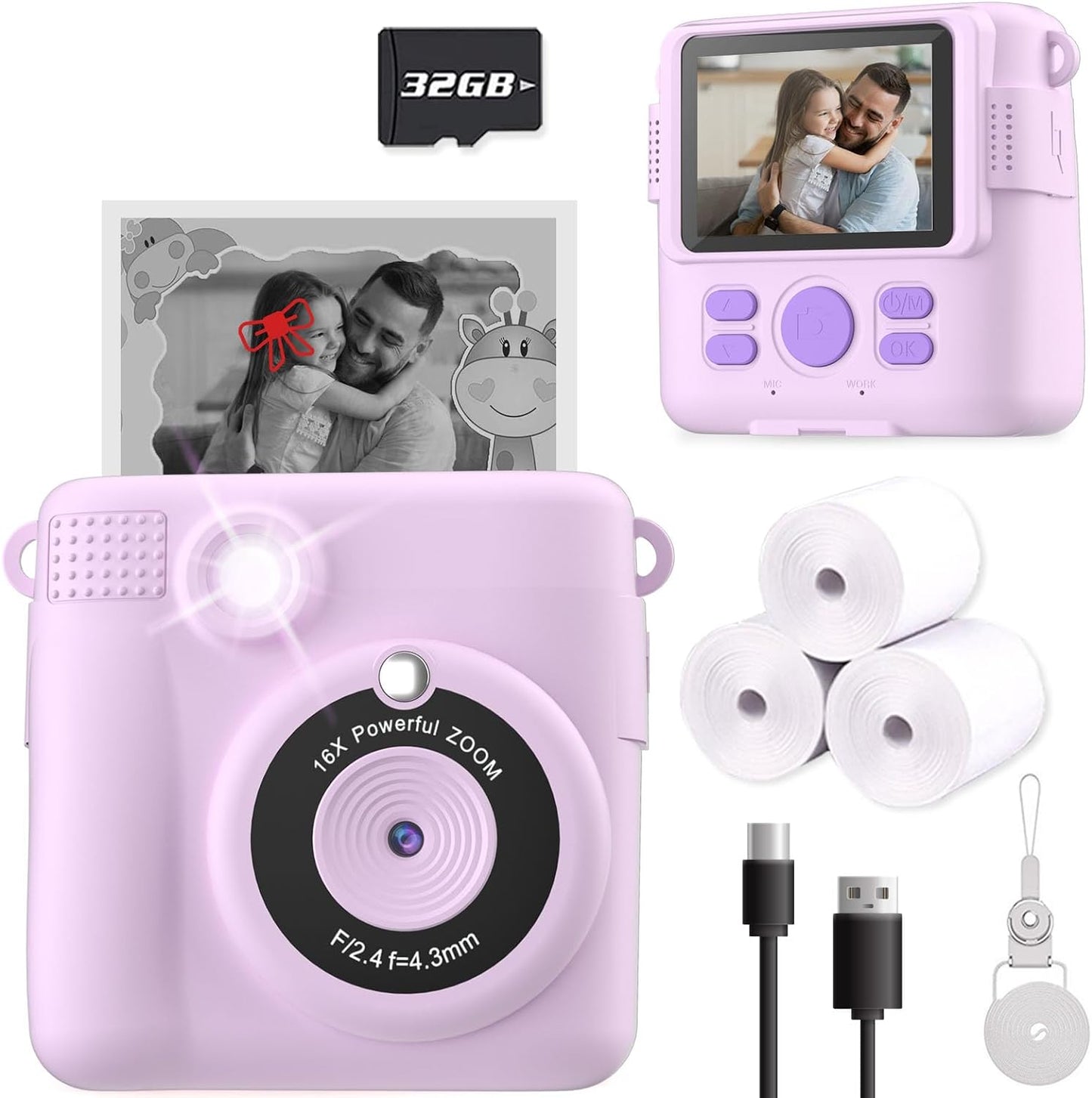 Kids Instant Print Camera – Digital Toy Camera with 32GB SD Card (Purple), Great Gift for Ages 3–12