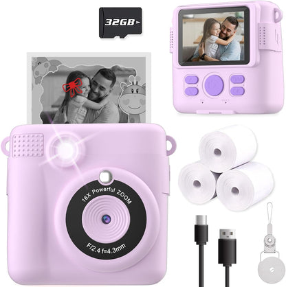 Kids Instant Print Camera – Digital Toy Camera with 32GB SD Card (Purple), Great Gift for Ages 3–12