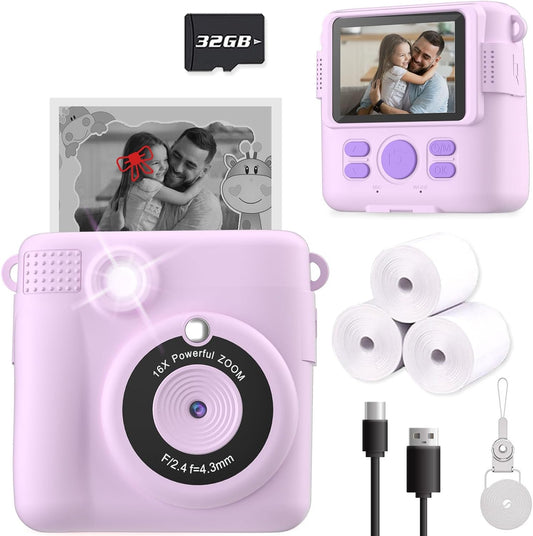 Kids Instant Print Camera – Digital Toy Camera with 32GB SD Card (Purple), Great Gift for Ages 3–12