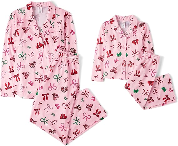 Mommy and Me Matching Christmas 2 Piece Pajama Sets, Button Up