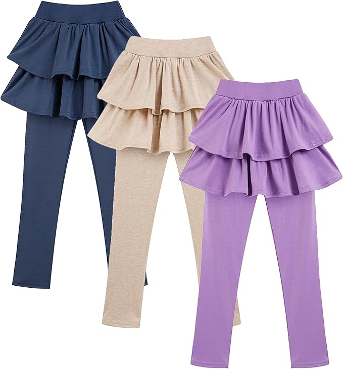 3-Pack Girls’ School Uniform Skirted Leggings – Stretchy Warm Jeggings (Size 4–5T, Navy/Khaki/Light Purple)