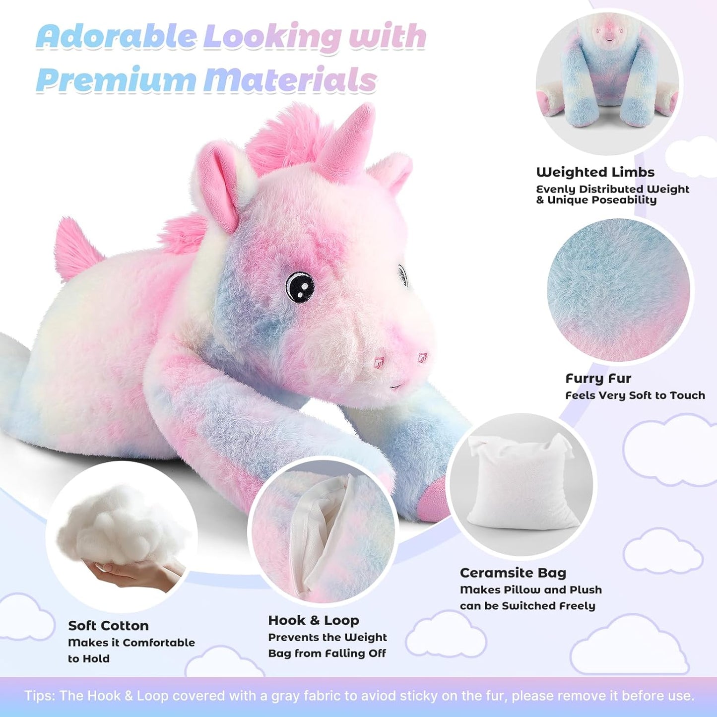 23" Weighted Unicorn Plush – 4.5 lb Adjustable Sitting/Laying Stuffed Animal with Removable Ceramsite Bag