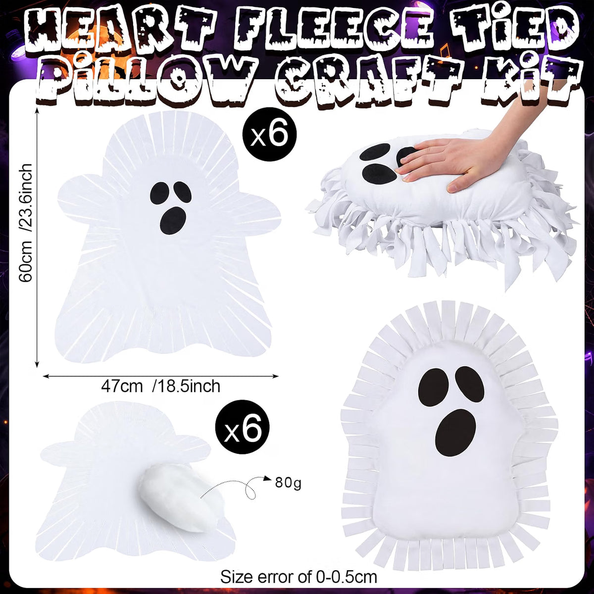 6-Set Halloween Ghost Tied Pillow Craft Kit – No-Sew DIY Pillow Activity for Kids