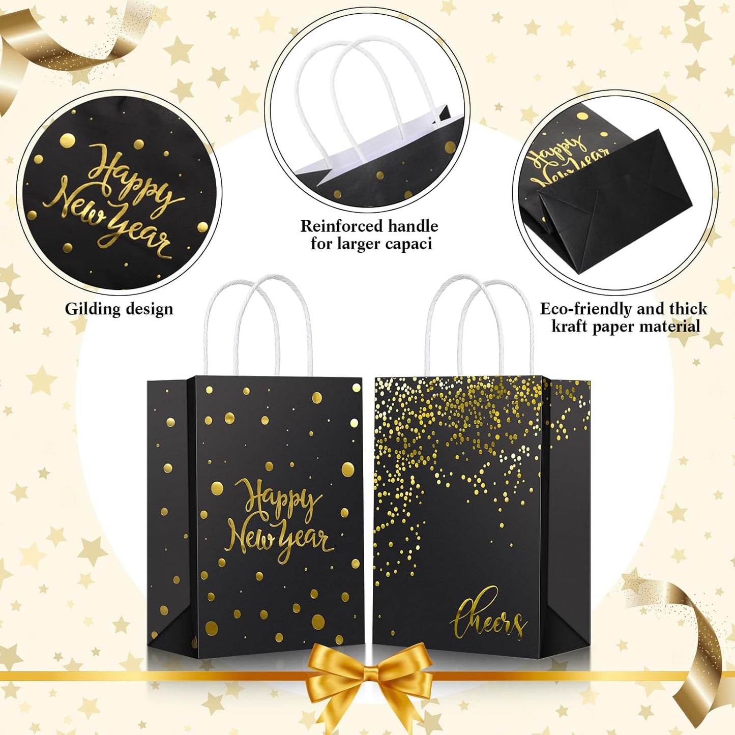 36 Pcs Happy New Year Gift Bags - Black Kraft Paper Bags with Handles (Gold Foiled) for Parties and Favors