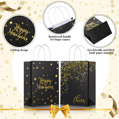 36 Pcs Happy New Year Gift Bags - Black Kraft Paper Bags with Handles (Gold Foiled) for Parties and Favors