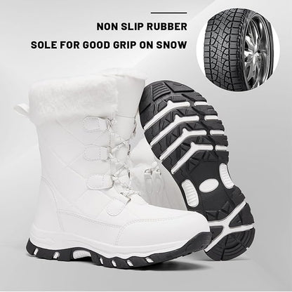 Women’s Water-Resistant Snow Boots – Faux Fur Lined Lace-Up Mid-Calf (White, Size 9)