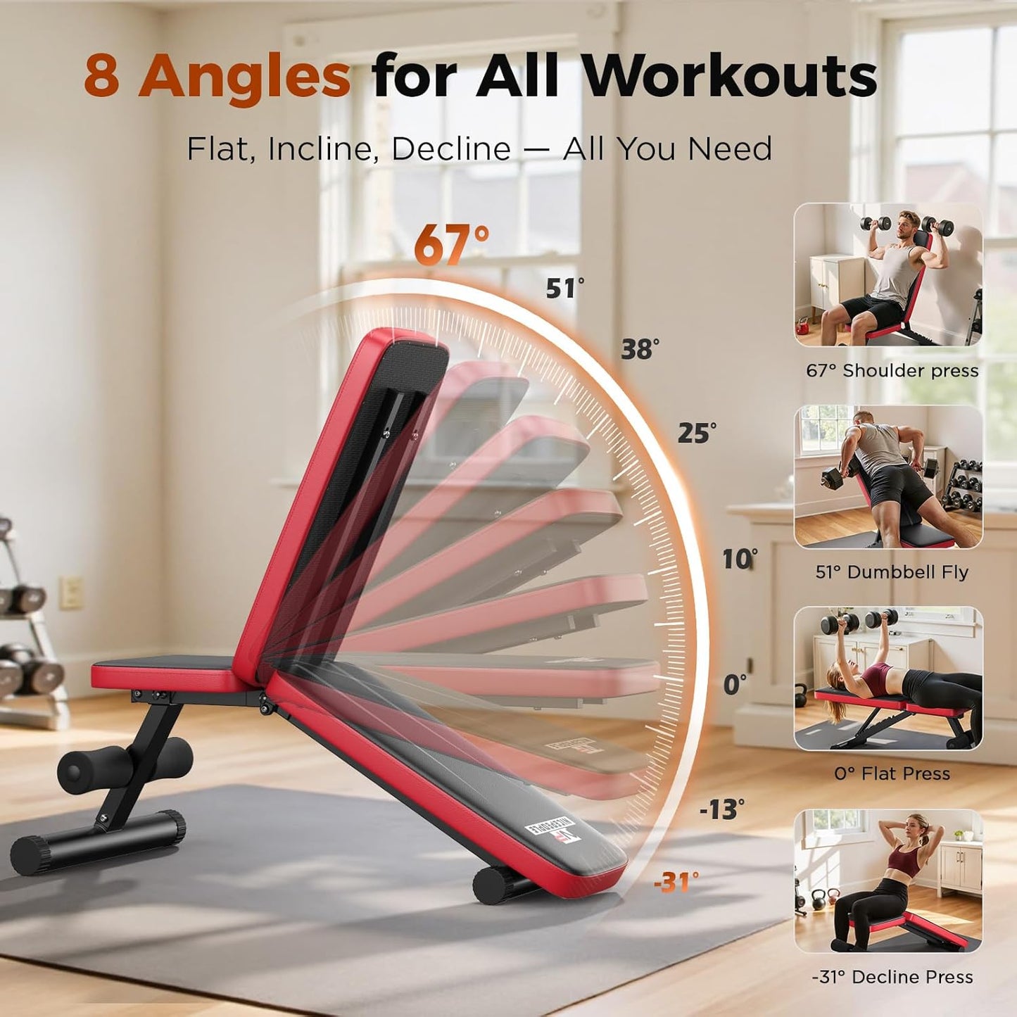 Adjustable Weight Bench – 660 lb Foldable Workout Bench with 8 Backrest Positions for Home Gym Training