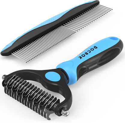 Pet Grooming Combo – Deshedding Brush & Metal Comb for Dogs & Cats with Long or Matted Fur – Blue