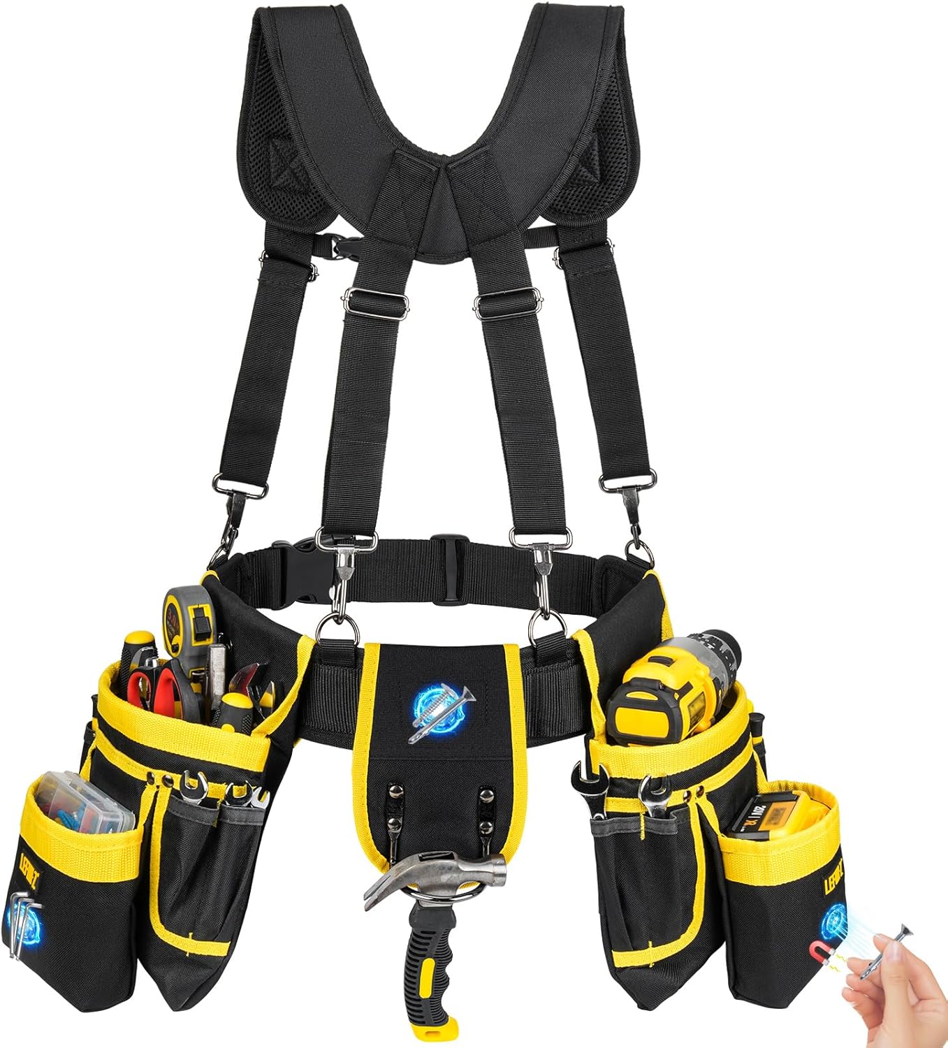 Tool Belt with Suspenders for Men–27 Pocket Heavy-Duty Adjustable Work Belt for Electrician, Carpenter & Construction