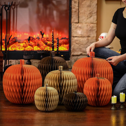 7-Piece Pumpkin Honeycomb Centerpiece Set – 3D Paper Fall Decorations for Thanksgiving & Autumn Table Décor