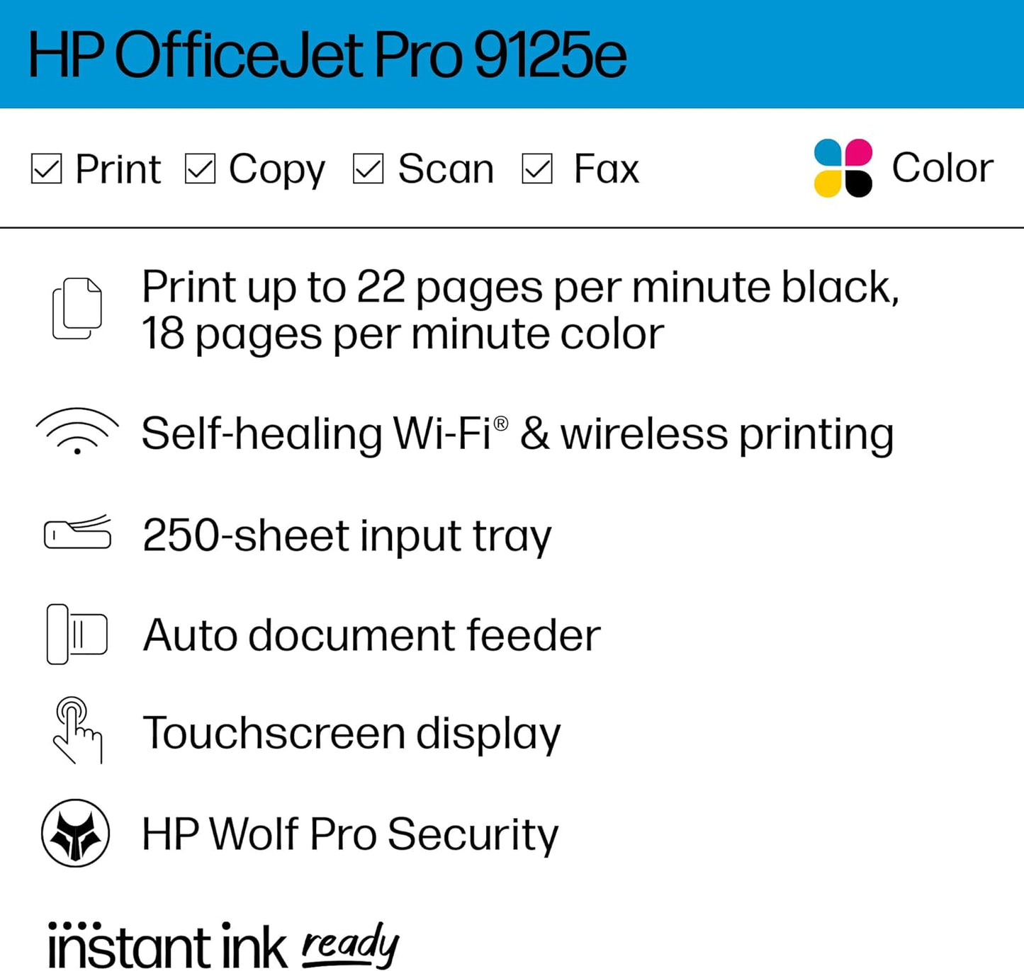 OfficeJet Pro 9125e All-in-One Printer – Print, Copy, Scan, Fax; 3-Month Instant Ink Trial Included