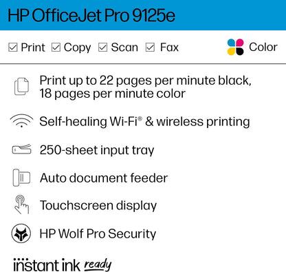 OfficeJet Pro 9125e All-in-One Printer – Print, Copy, Scan, Fax; 3-Month Instant Ink Trial Included