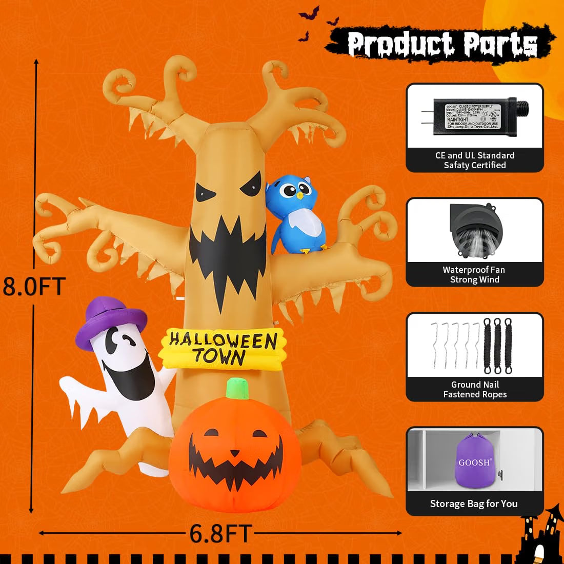 8 FT Halloween Inflatable Dead Tree – LED Light-Up Owl, Ghost & Pumpkin Outdoor Yard Decoration for Lawn & Garden