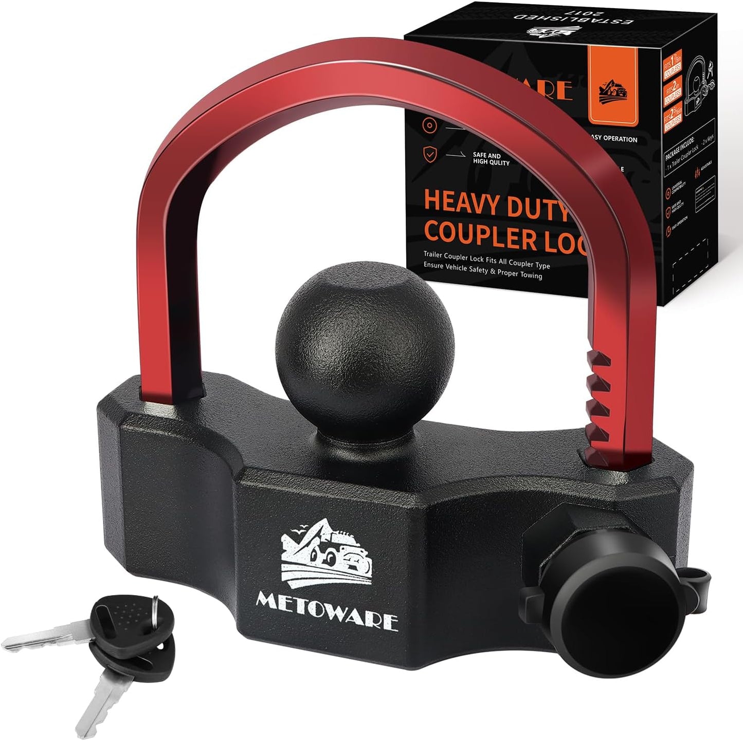 Heavy-Duty Universal Trailer Coupler Lock – Adjustable Hitch Lock for 1-7/8", 2" & 2-5/16" Couplers with 2 Keys, Red