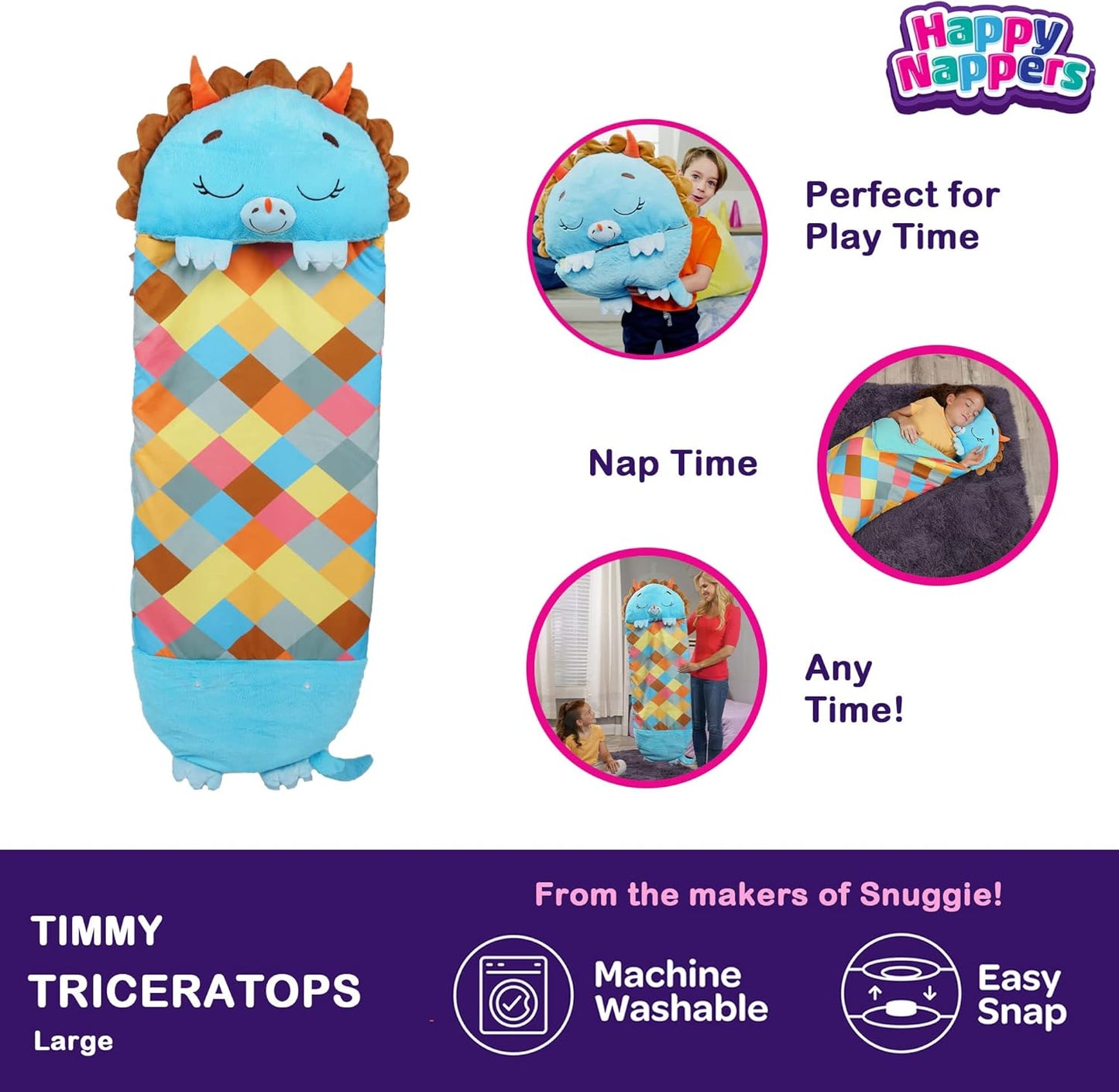 2-in-1 Pillow & Sleepy Sack – Large Blue Triceratops (66 x 30), Plush Animal That Opens Into a Soft Sleeping Bag
