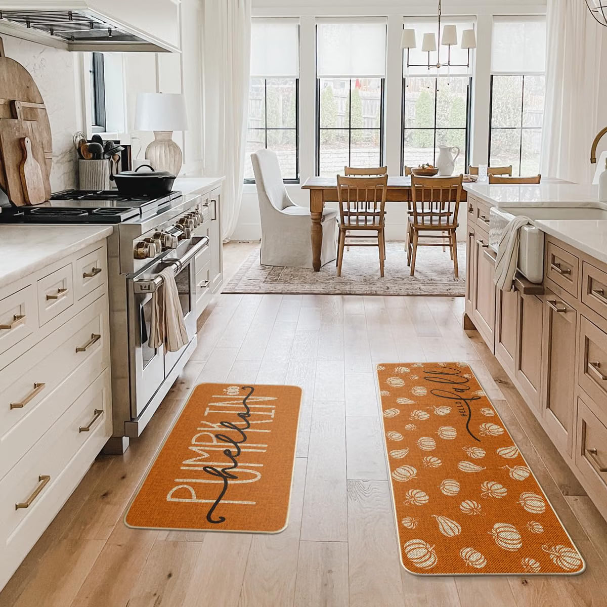 2-Piece Orange “Hello Pumpkin” Fall Kitchen Mat Set – 17" x 29" & 17" x 47" Autumn Floor Rugs