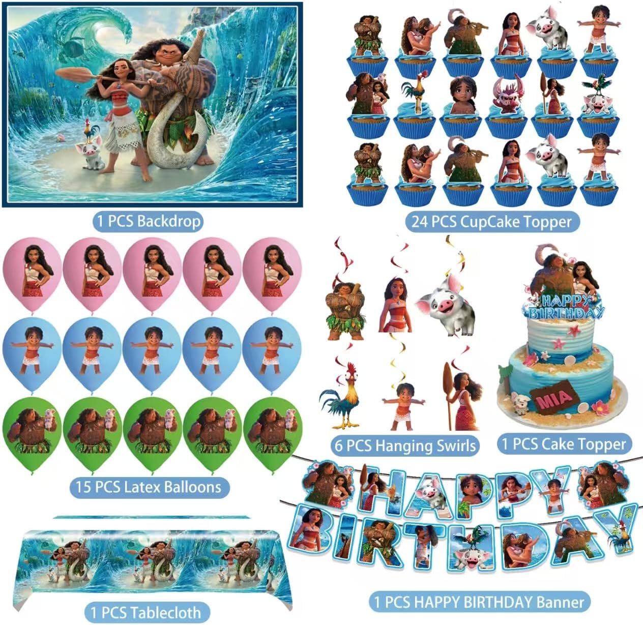 Moana Birthday Party Decorations Set – Banner, Backdrop, Balloons, Tablecloth, Cake & Cupcake Toppers, Hanging Swirls