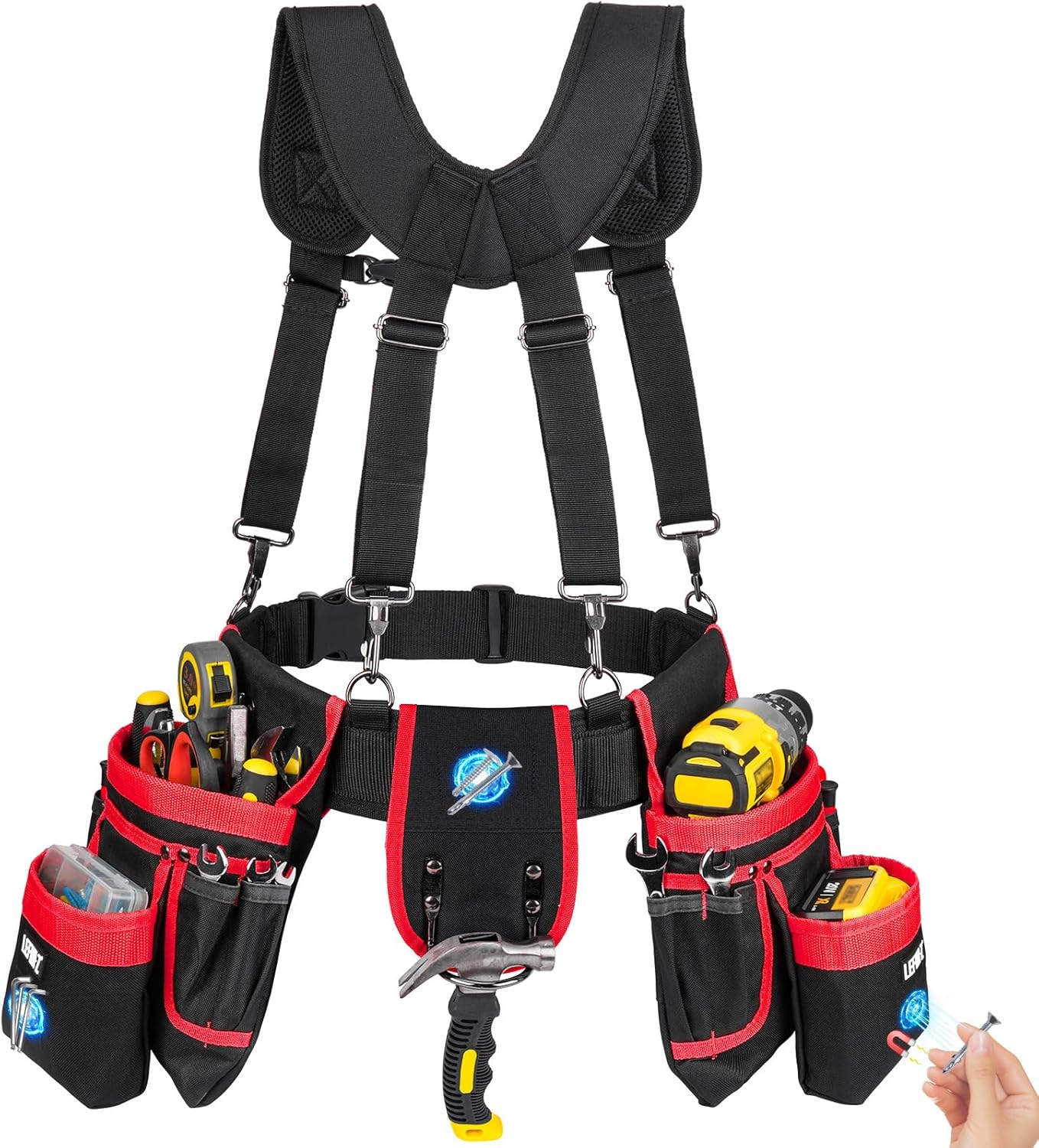 Tool Belt with Suspenders for Men–27 Pocket Heavy-Duty Adjustable Work Belt for Electrician, Carpenter & Construction