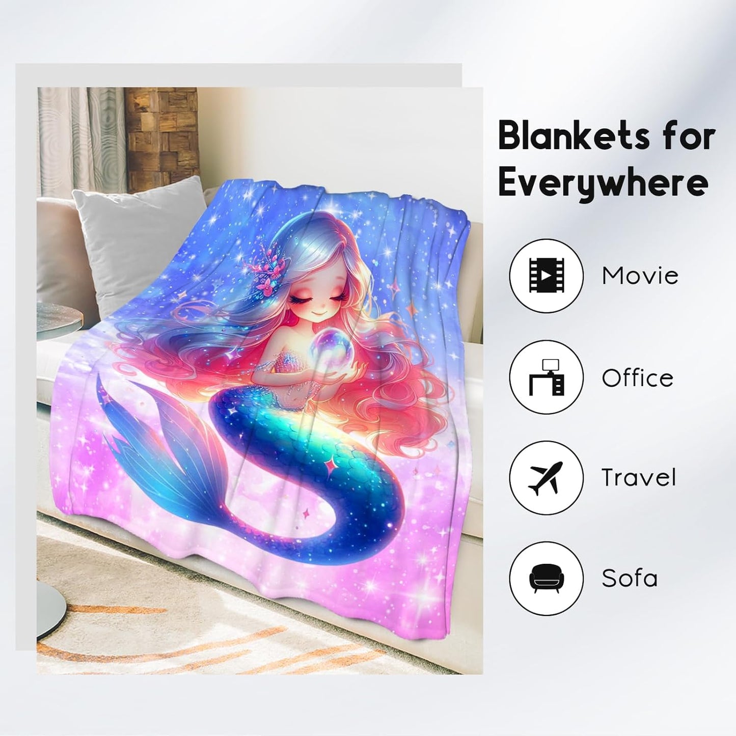 Girls Mermaid Throw Blanket – Plush Cozy Flannel Gift (50" x 60")
