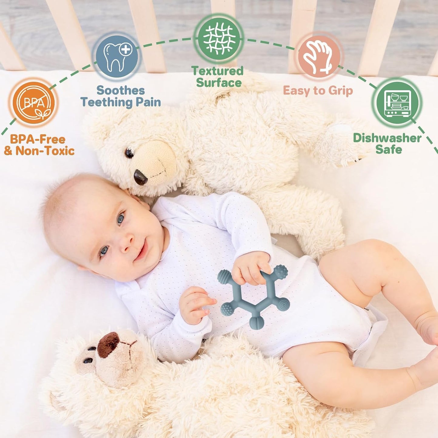 3-Pack Baby Silicone Teethers – BPA-Free Chew Toys for Teething Relief (Green, Blue & Pale Pink, 6–24 Months)