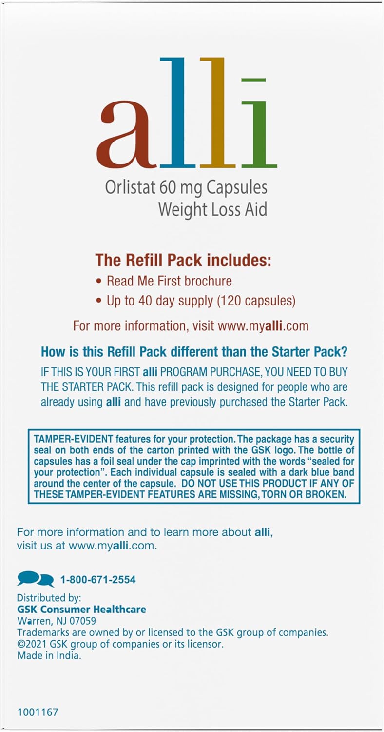 Alli Weight Loss Pills – Orlistat 60 mg Non-Prescription Diet Aid (120 Capsules)