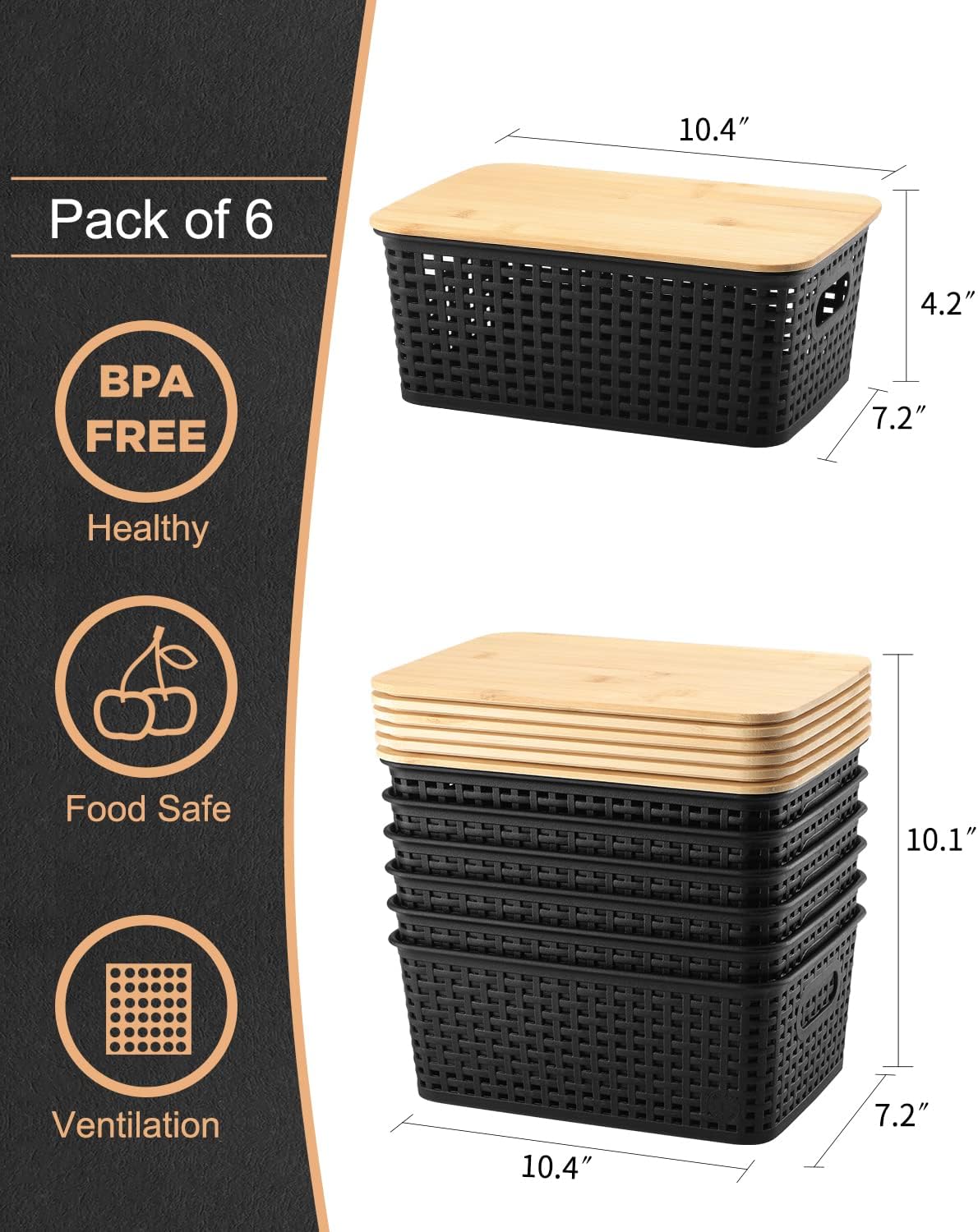 Storage Bins with Bamboo Lids (Set of 6) – Plastic Organizer Containers for Kitchen, Bedroom, Office & Closet – Black