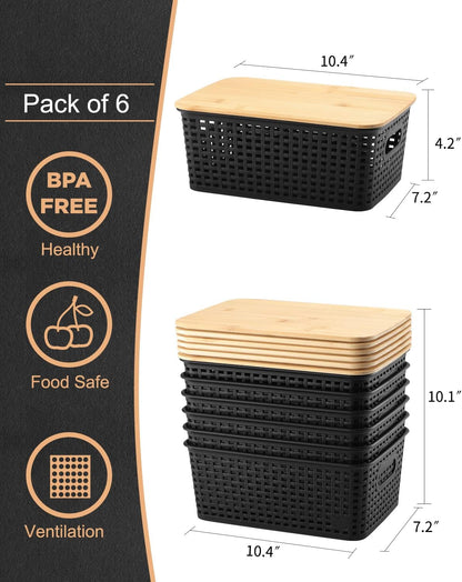 Storage Bins with Bamboo Lids (Set of 6) – Plastic Organizer Containers for Kitchen, Bedroom, Office & Closet – Black