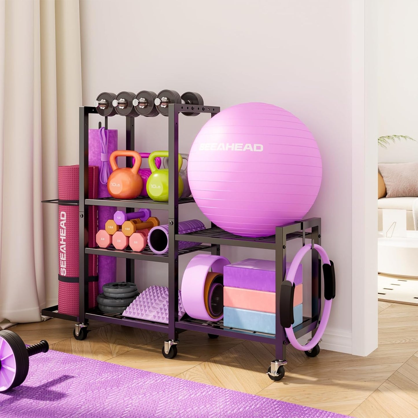 6-Tier Home Gym Storage Rack with Wheels – Multi-Purpose Organizer for Dumbbells, Yoga Mats & Fitness Equipment