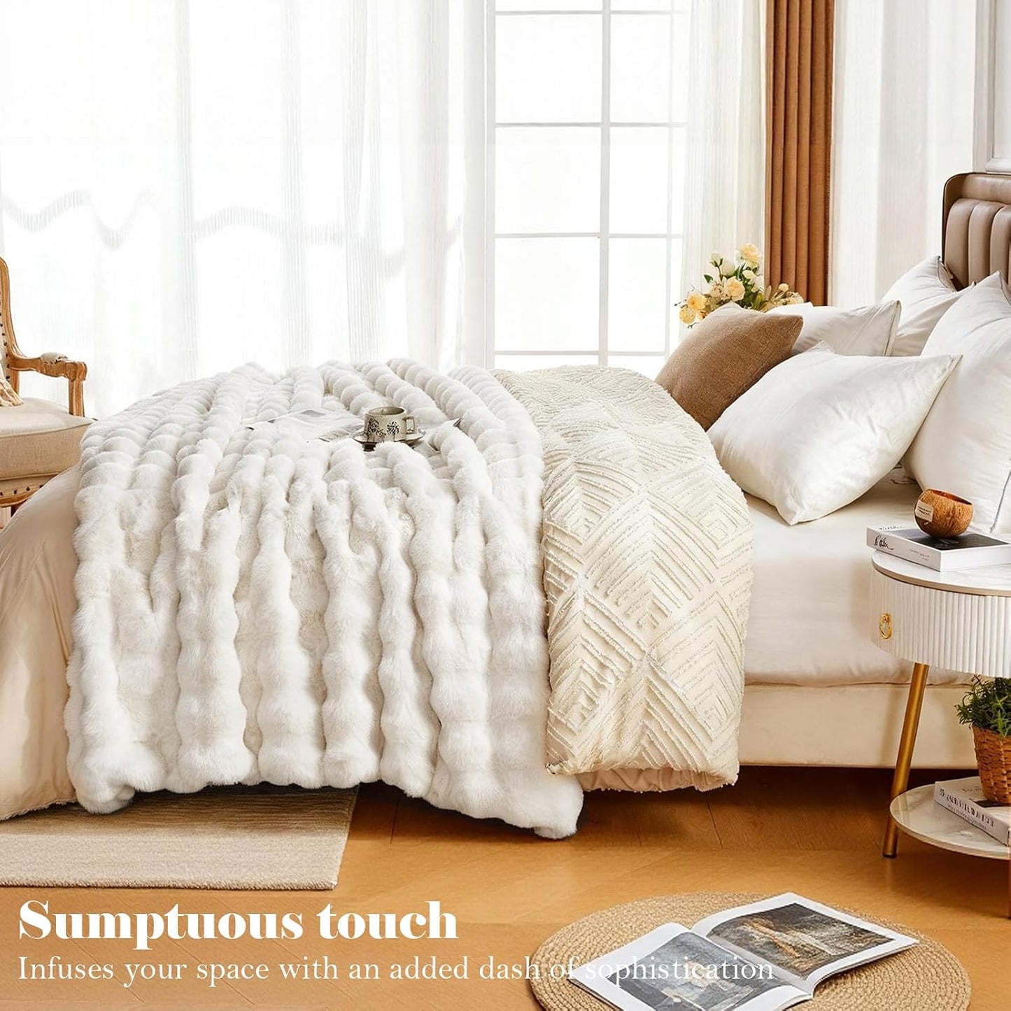 Faux Fur Throw Blanket – 1000 GSM Plush Bubble Sherpa (Ivory White, 50x60)