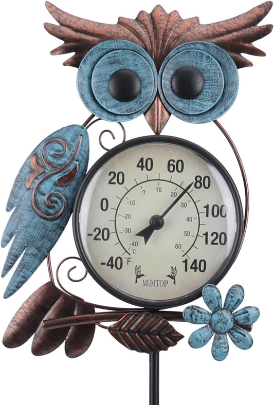 42" Metal Owl Outdoor Thermometer – Garden Stake or Wall-Mount Thermometer for Patio, Yard & Garden