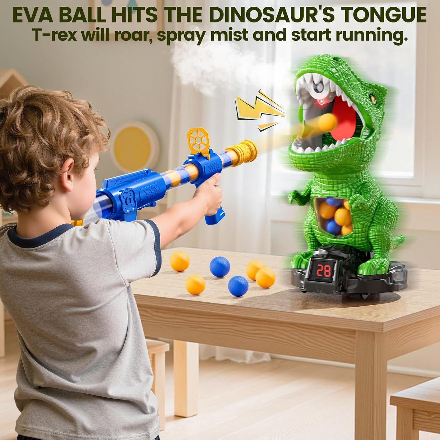 Movable Dinosaur Shooting Game – Electronic Target with 2 Air Pump Guns & 48 Foam Balls (Ages 3–9)