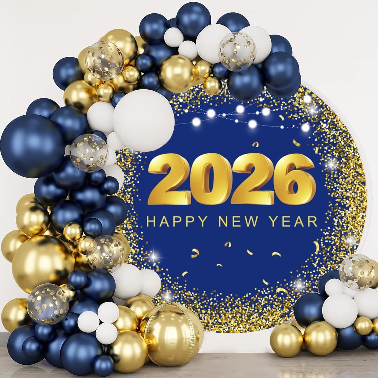 2026 Happy New Year Backdrop – 6ft Round Gold & Blue Party Photography Banner