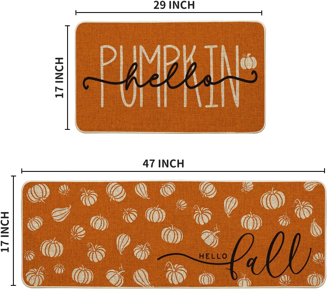 2-Piece Orange “Hello Pumpkin” Fall Kitchen Mat Set – 17" x 29" & 17" x 47" Autumn Floor Rugs