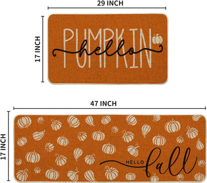2-Piece Orange “Hello Pumpkin” Fall Kitchen Mat Set – 17" x 29" & 17" x 47" Autumn Floor Rugs