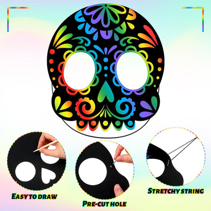 60-Piece Day of the Dead Scratch Skull Masks – DIY Halloween Party Favors & Kids Craft Activity