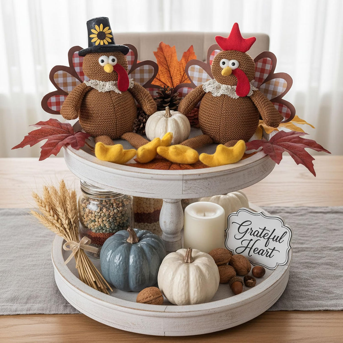 2-Piece Thanksgiving Turkey Couple Plush Dolls – Dangling Leg Fall Harvest Tabletop Decorations for Home, Kitchen & Shelf Décor