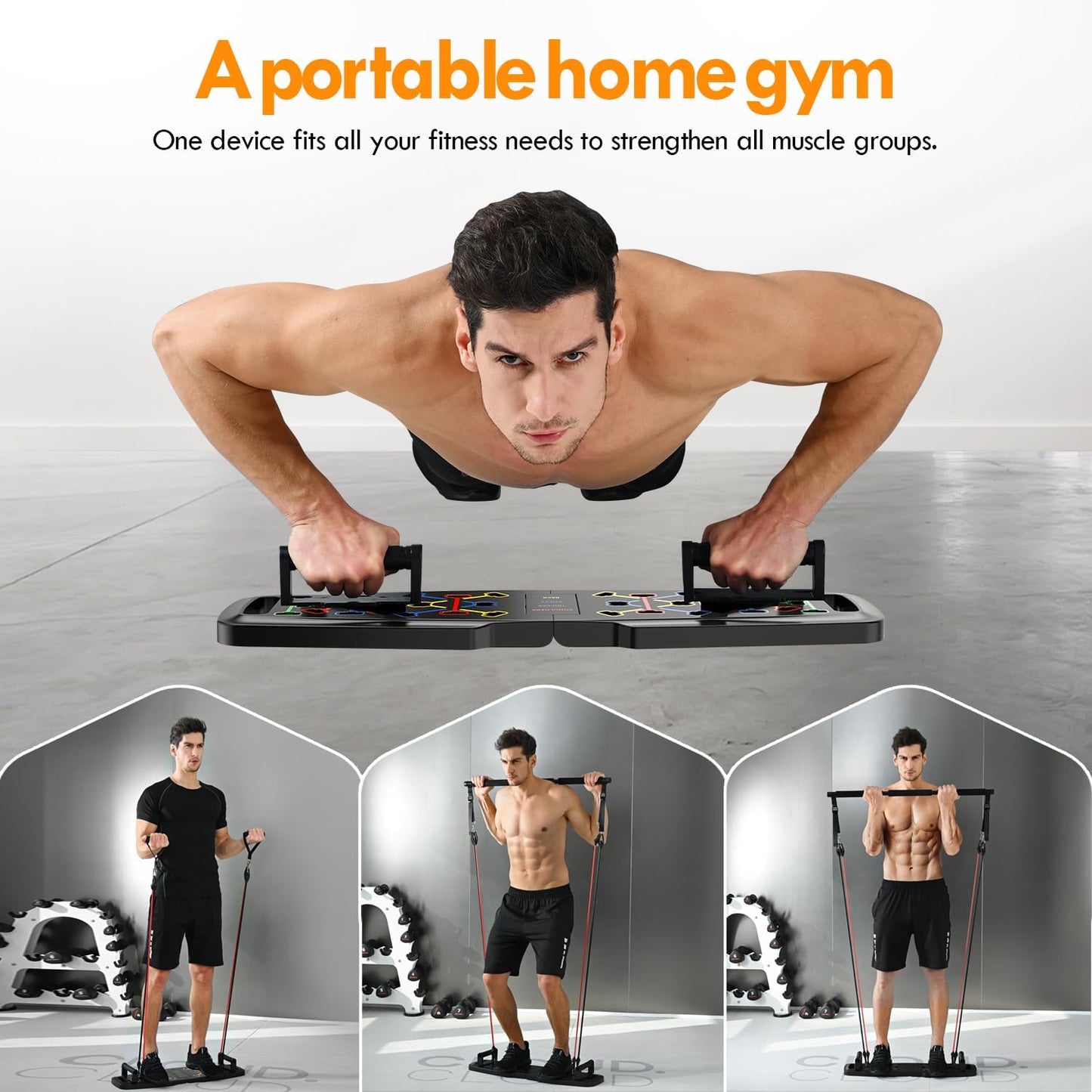 Push Up Board Home Gym Set – Portable Workout System with Pilates Bar, Resistance Bands & Ab Roller for Full-Body Training