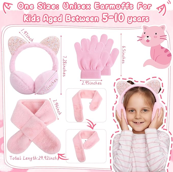 6-Piece Kids Winter Accessories Set – Ear Muffs, Scarves & Gloves (Pink & Purple)