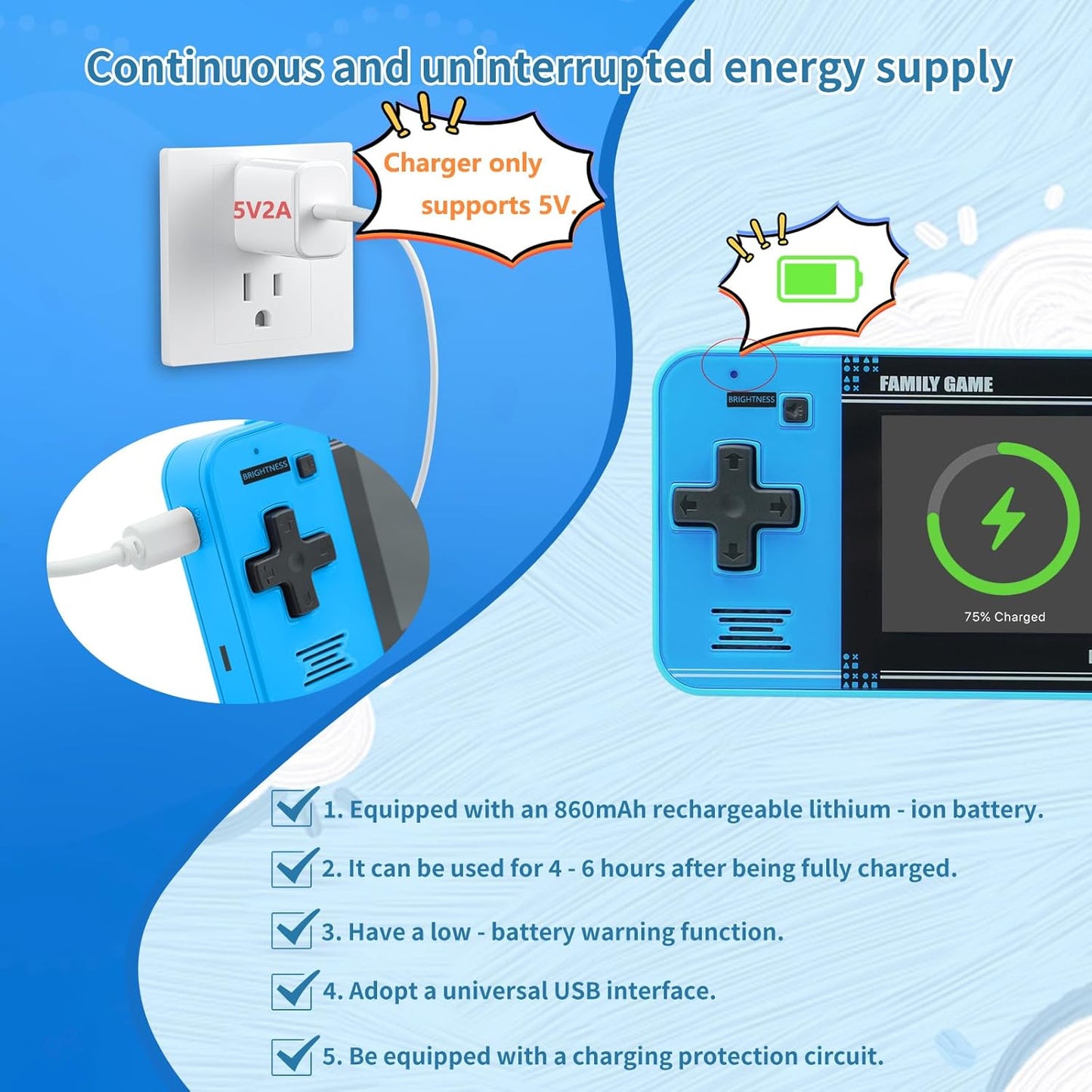 Handheld Game Console: 220 Retro Video Games, Portable with 3.0" LCD Screen & Rechargeable Battery - Blue!